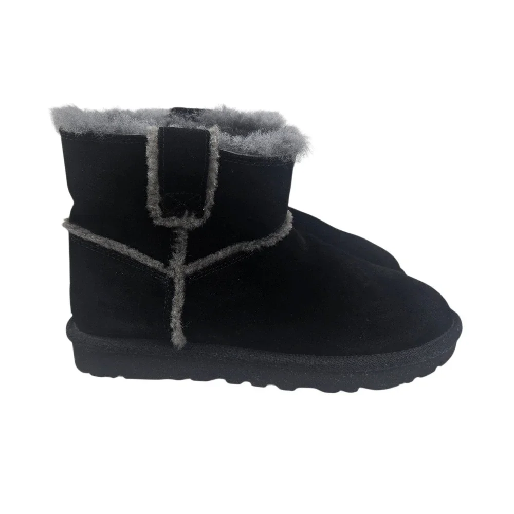 UGG Boots Classic Mini Spill Seam Suede Sheepskin Black Grey Size 6 Winter Ankle